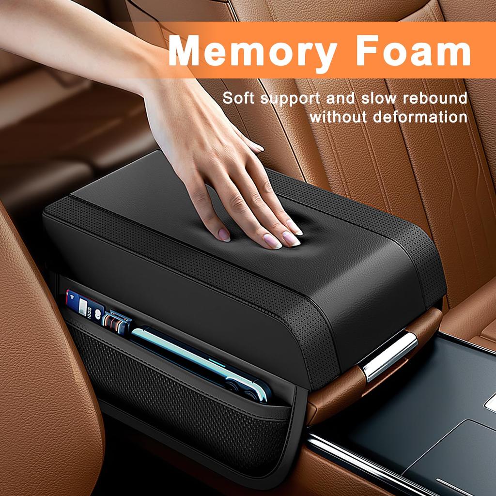 Universal Car Armrest Box Booster Pad Premium Memory Foam Elbow Rest with Pocket Central Leather Armrest Pad Car Accessories
