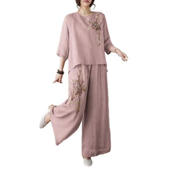 Damen 2-teilige Outfits 3/4 Ärmel Vintage Bestickte Hemden Weite Hosen Set Sommer Baumwolle Leinen Lässig Passendes Set