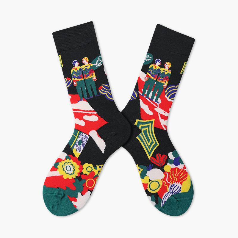 New French high-quality men and women couples in the tube jacquard cartoon socks personality trend men and women socks