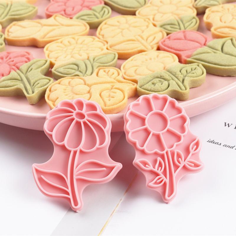 8Pcs Set Flowers Shape Cookie Cutter Stamp Cartoon Pressable Biscuit Mold Confectionery Cookie Tools Outdoor Tableware