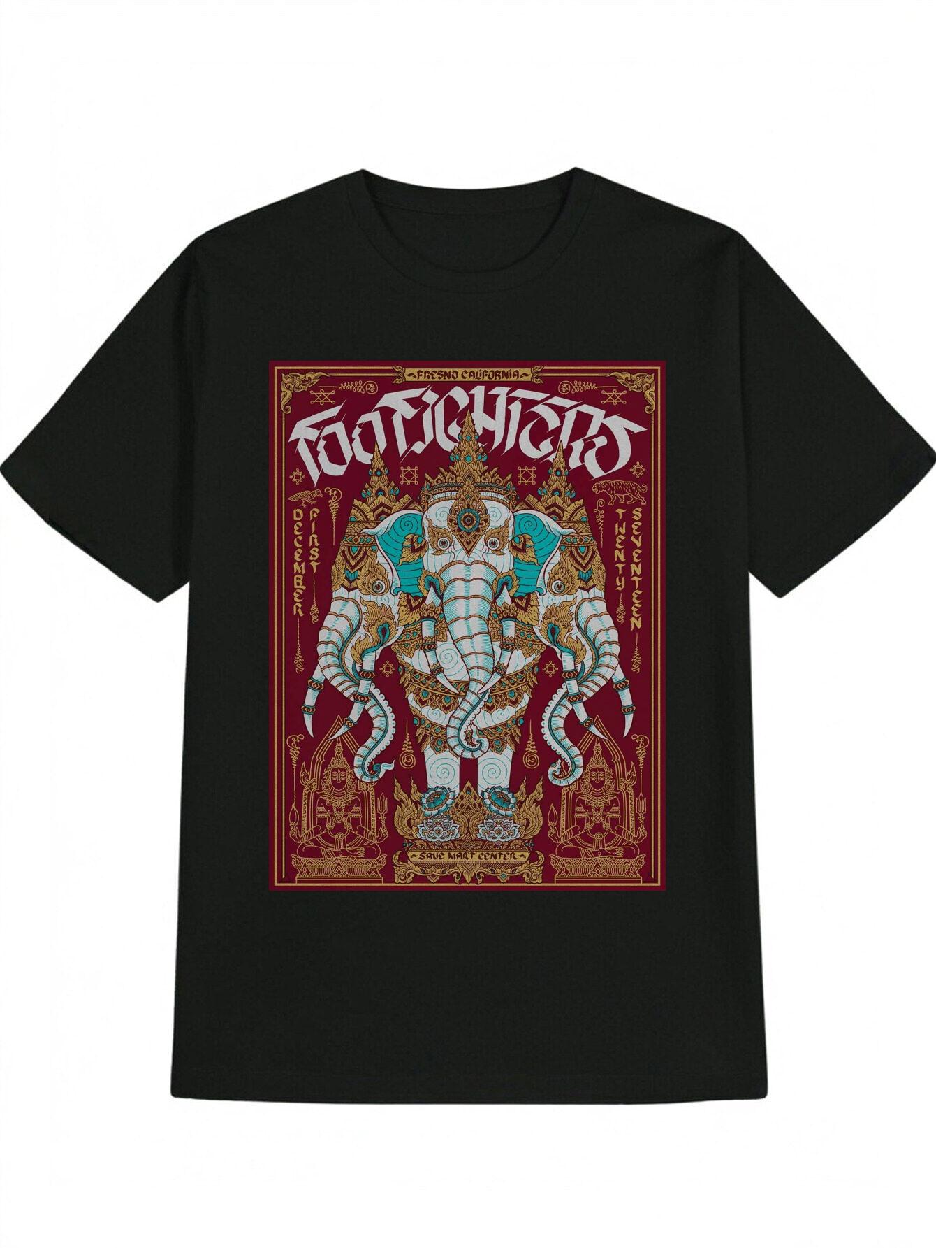 Casual Short Sleeve T-shirt with Intricate Elephant & Floral Print - Black Round Neck Summer Top XXL