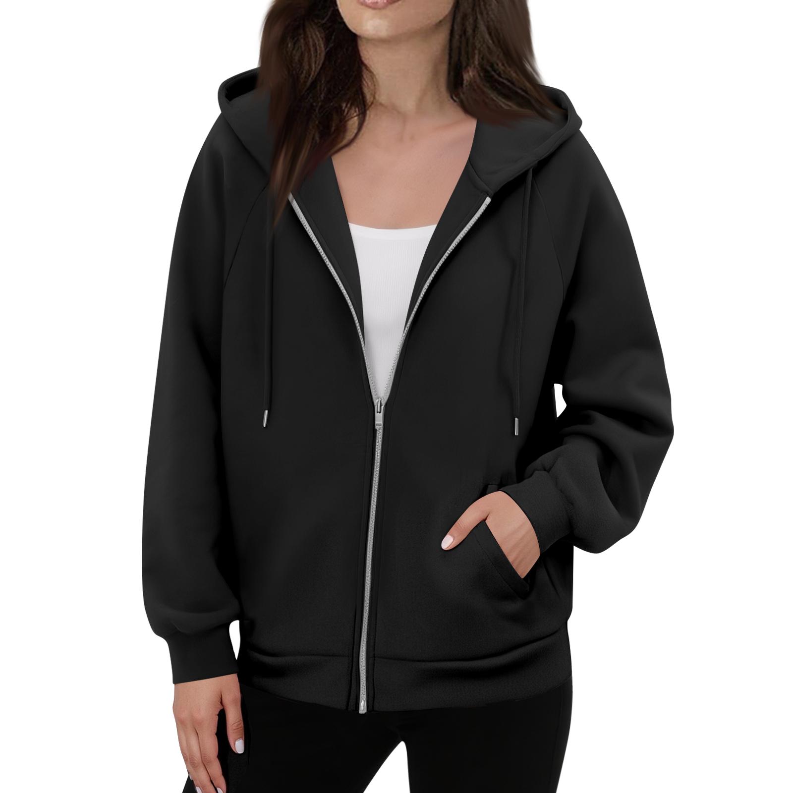 Женская однотонная повседневная модная толстовка с длинным рукавом на молнии и капюшоном S чёрный 1795₽