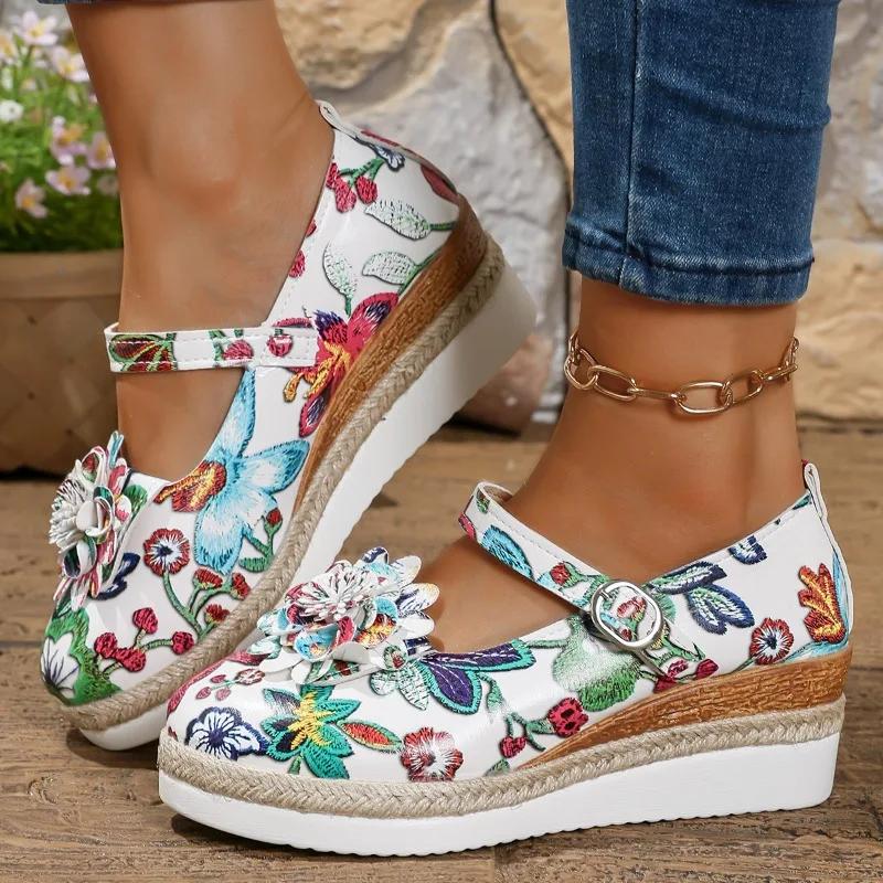 Fashion Mid Heel Wedges Pumps Spring/autumn Flowers Shoes Female 2025 High Quality Round Toe Buckle Strap Shallow Women's Shoes