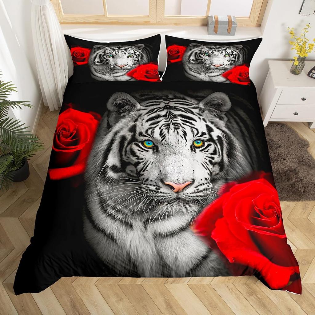 White Tiger Duvet Cover Set Queen Size Wildlife Comforter Covers Animal Print Bedding Set For Boys Girls Kids Art Bedroom Decor