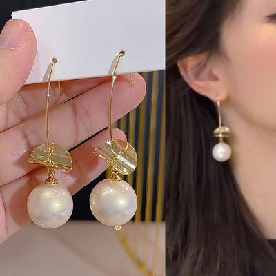 Gold Sequined Pearl Pendant Ear Hook Simple Retro High-end Earrings Fashion Light Luxury Versatile Earrings Women