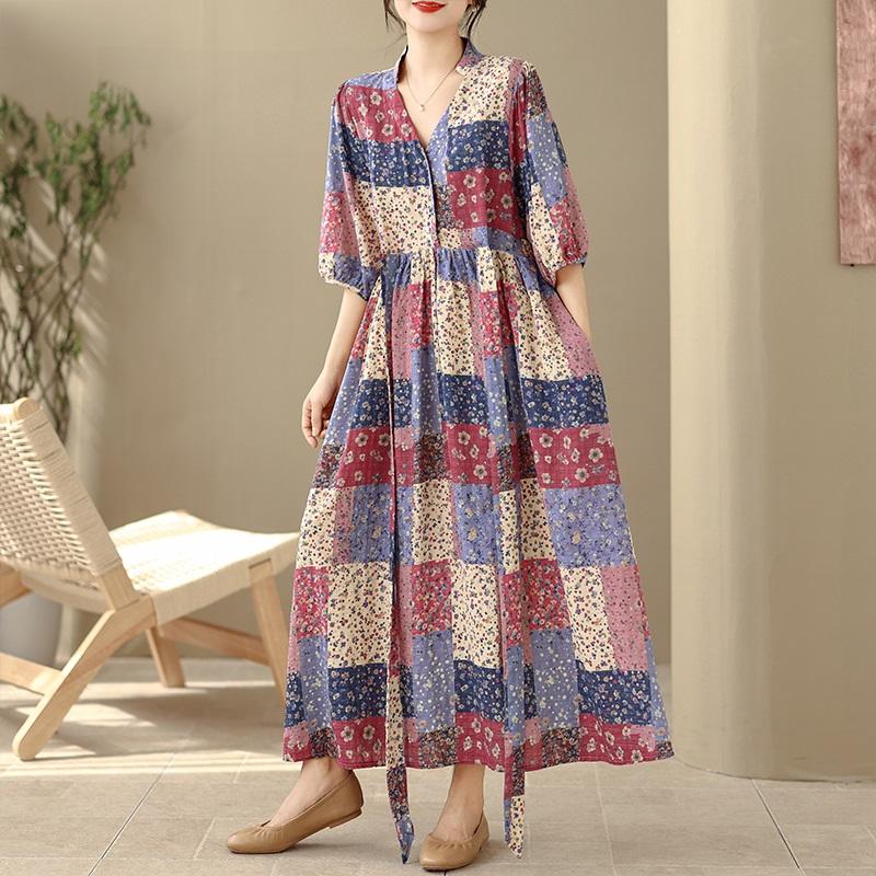 Short Sleeve Plus Size Cotton Linen Vintage Floral New In Dresses for Women Casual Loose Long Summer Dress
