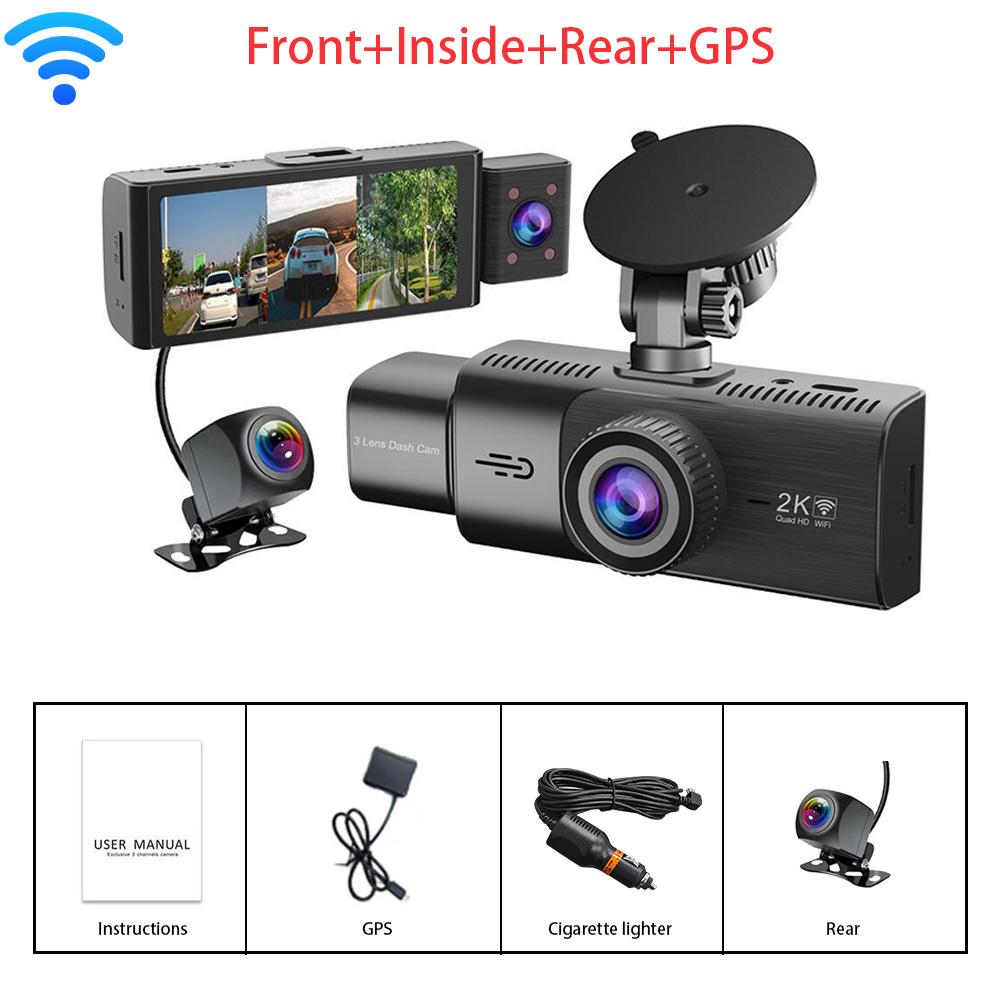 3 Channel WiFi GPS Dash Cam Car DVR Black Box 2K Video Recorder Front Inside Rear View Camera Car Accessories