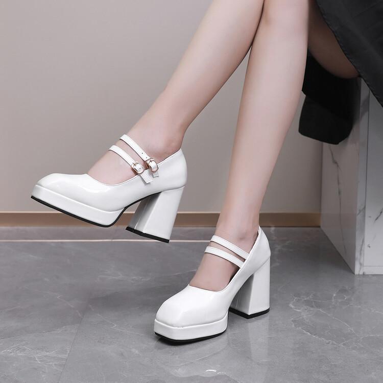 40-47 Foreign Trade Large Size Spring Waterproof Platform Thick High Heel Shallow Mouth Square Head Mary Jane Women's Single Shoes Skinny