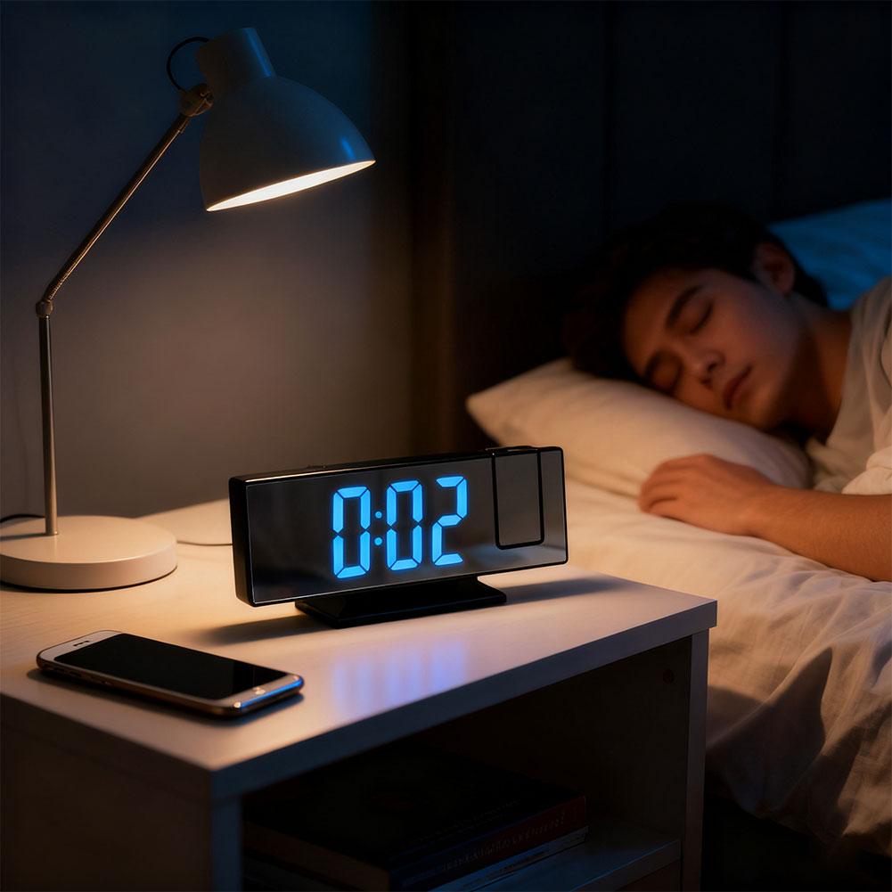 LED Digital Projection Alarm Clock Time Temperature USB Plug-in Digital Alarm Clock Snooze Bedside Desktop Clock Large Display