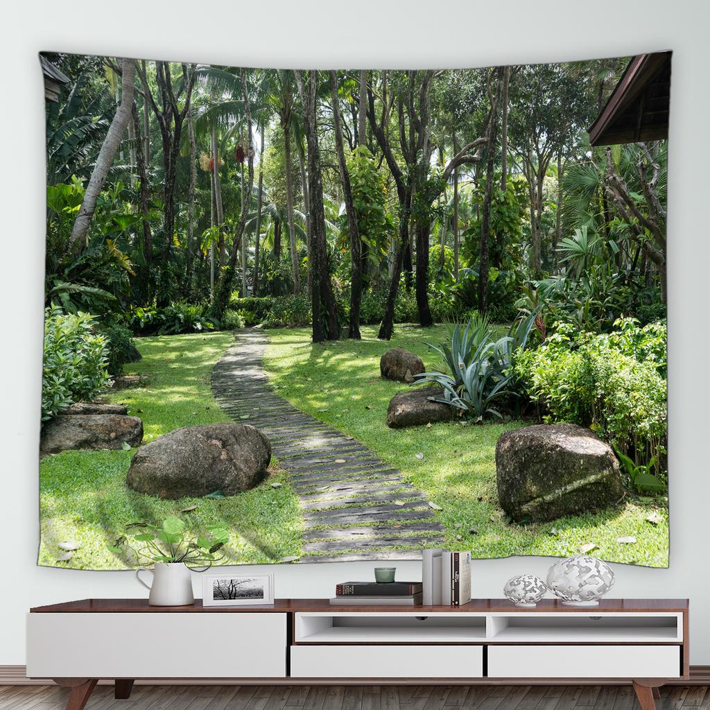 Waterfall Flowers Trees Vintage Brick Rattan Plant Park Nature Scenery Home Decor Wall Hanging Tropical Garden Landscape Tapestry