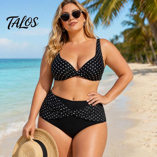 Vintage Style Swimsuit 2Pcs/Set Plus Size Bikini Set, Cross-Chest V-Neck Bra with Built-In Support, Photogenic Beach Outfit High-Waisted Twist