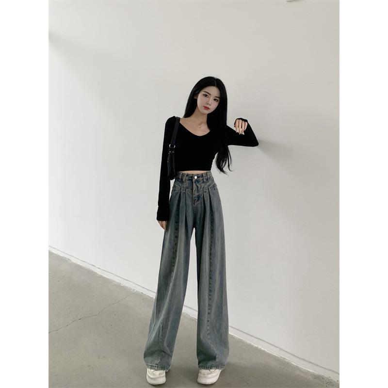 Retro High Waist Jeans for Women Spring and Autumn All-Match Small Loose-Fitting Mopping Pants Straight-Leg Wide-Leg Pants Trousers