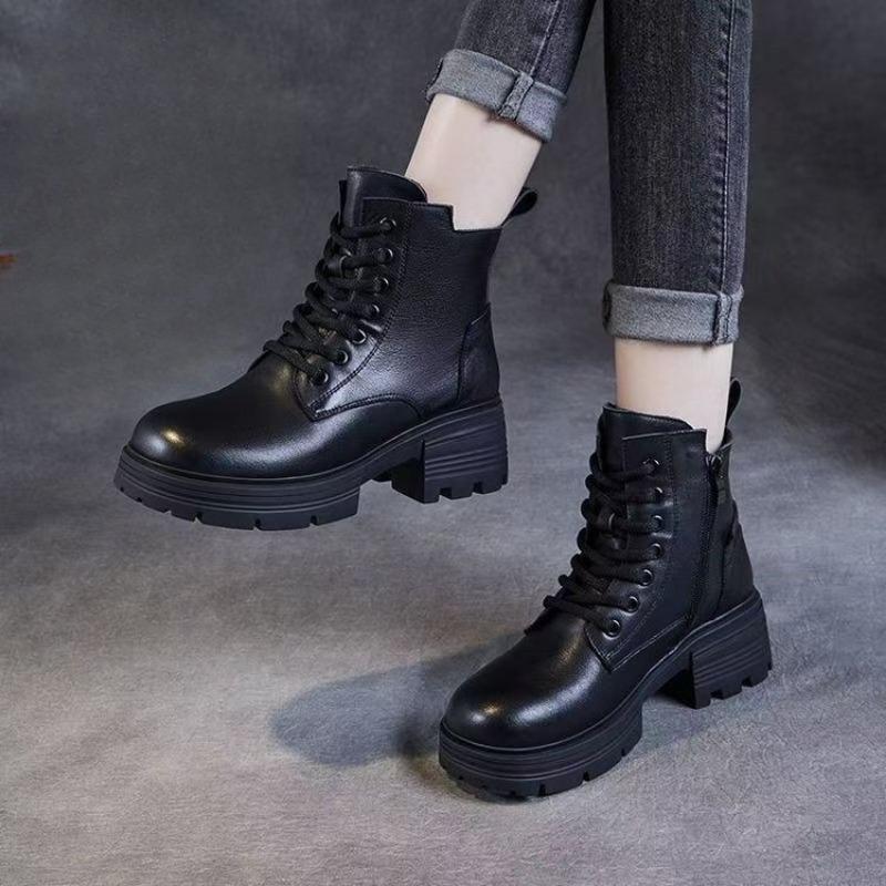 New Martin Boots Women's Shoes, Retro Soft Leather Single Boots, Thick-soled Height-increasing Boots with Fleece