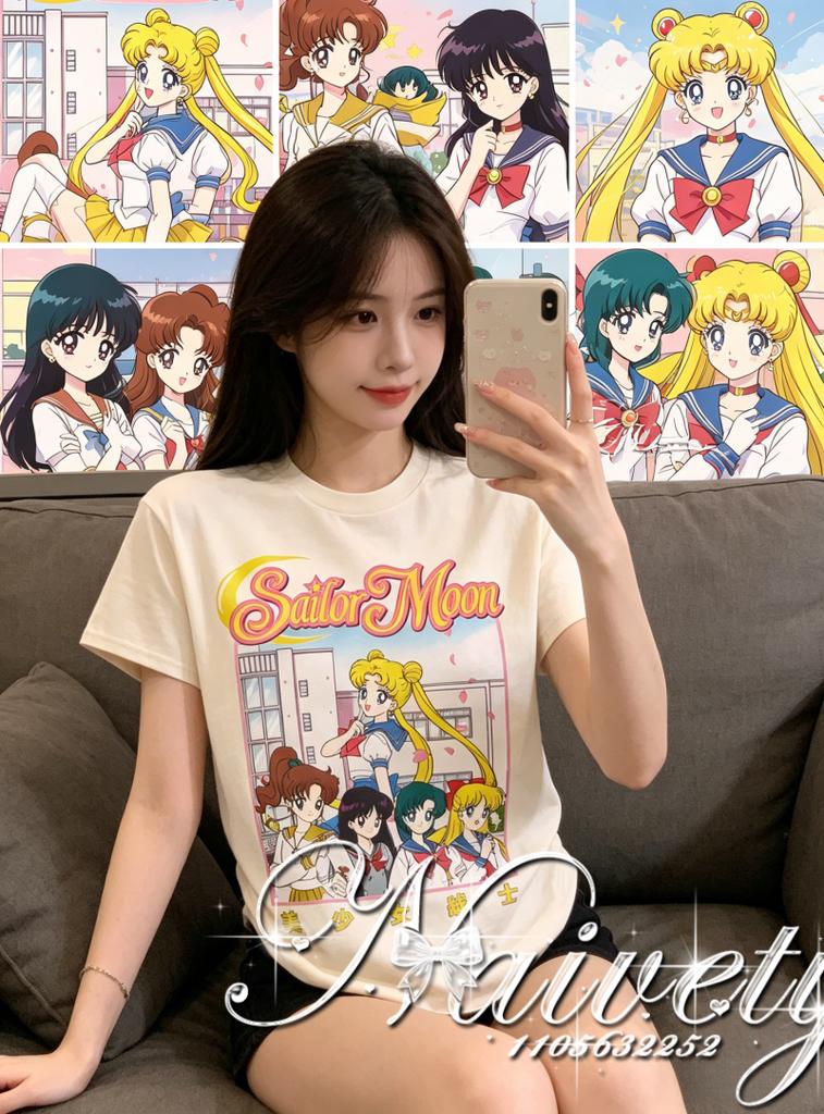 2026 New Arrival Sailor Moon Cartoon Print Tshirt Soft Cotton Oversized Casual Unisex Tee For Adult Kids Daily Wear Short Sleeve