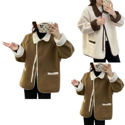 Women's  And Winter Contrast Color Lapel Lamb Wool Jacket Fashion Loose Casual Short One-piece Top