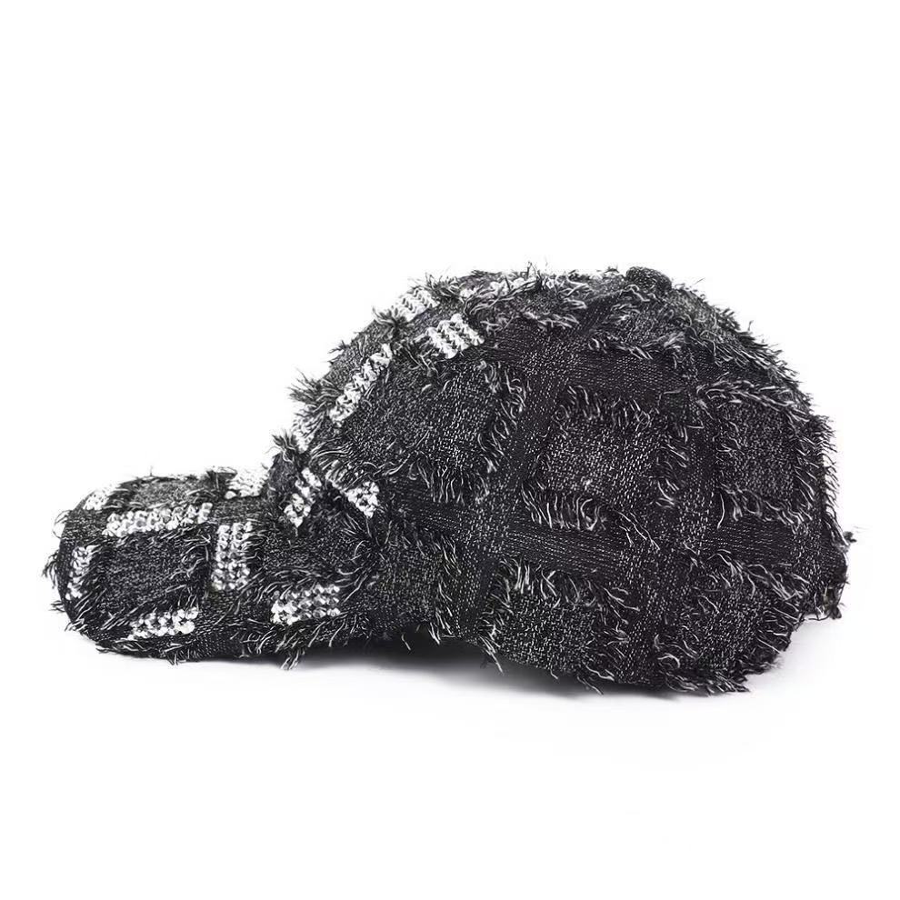 Vintage Distressed Frayed Denim Baseball Cap, Plaid Rhinestone Bling Hat, Y2K Hip Hop Streetwear For Women, Casual Sun Hat