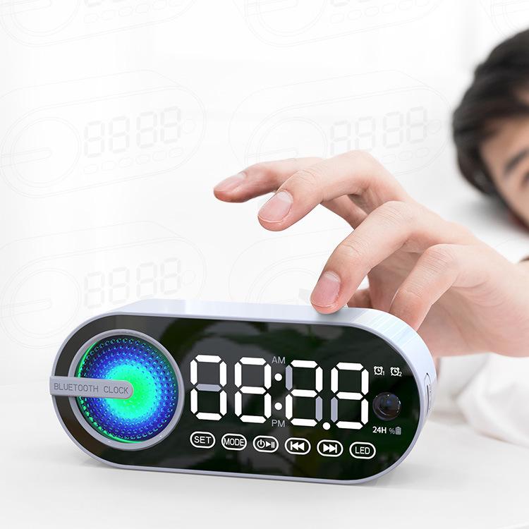 Mini Mirror Alarm Clock Bluetooth Speaker with TF Slot, Colorful Lights, Heavy Bass, FM, Portable Gift Speaker.