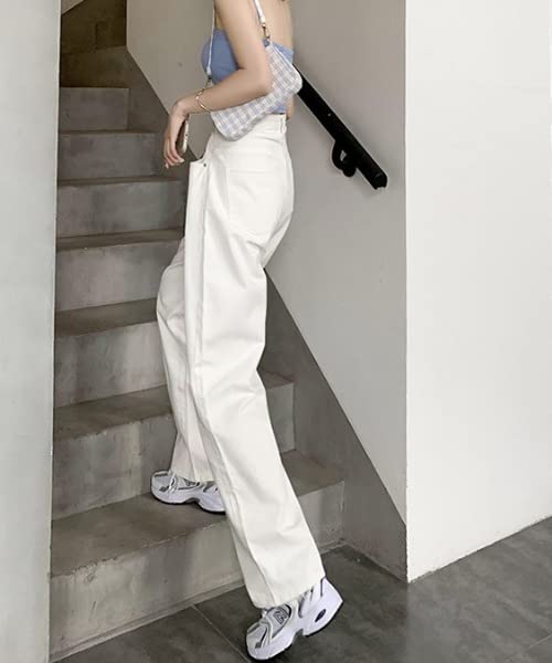 Aimoha Denim Pants with Waist Baggy Zip White Size White Women's High-Waisted Tucks, Silhouette, Fly, Denim, XL,