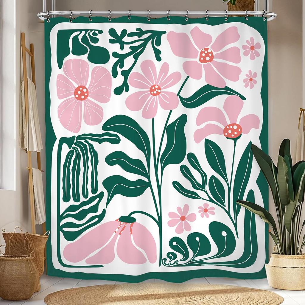 Pink Green Abstract Floral Pattern Waterproof Shower Curtain 180x180cm - Modern Botanical Print Bath Curtain for Home Decor