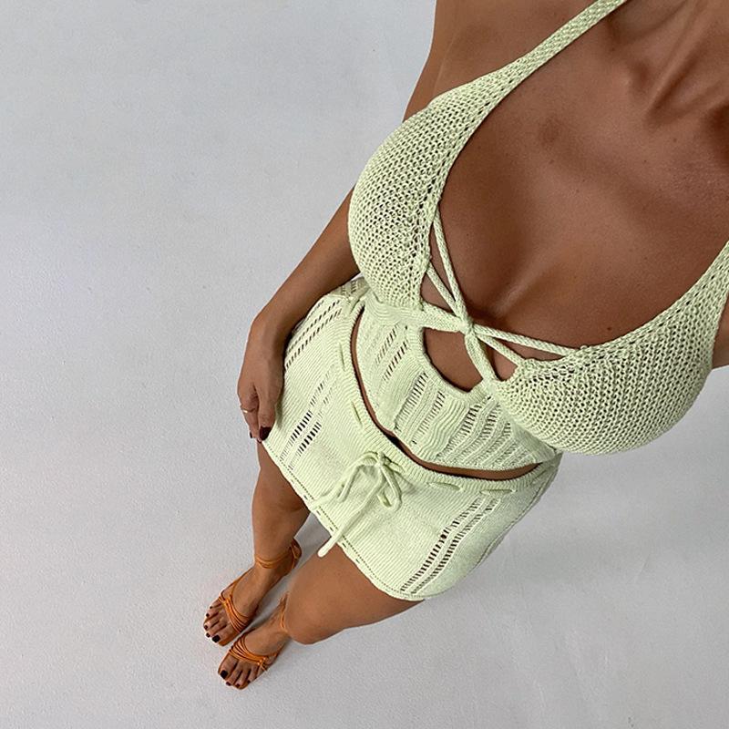 New Beach Women Solid Color Cross Knitted Beach Bikini Swimsuit Dress