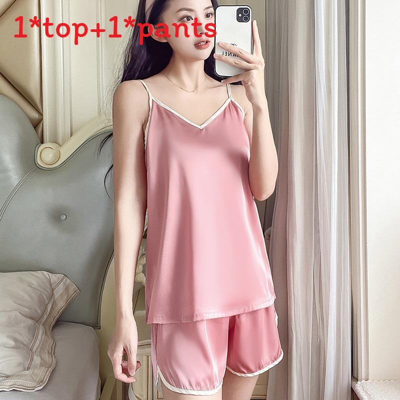 Ladies Silk Sleepwear Set With Vneck Sleeveless Pajamas And Shorts For Home And Lounge