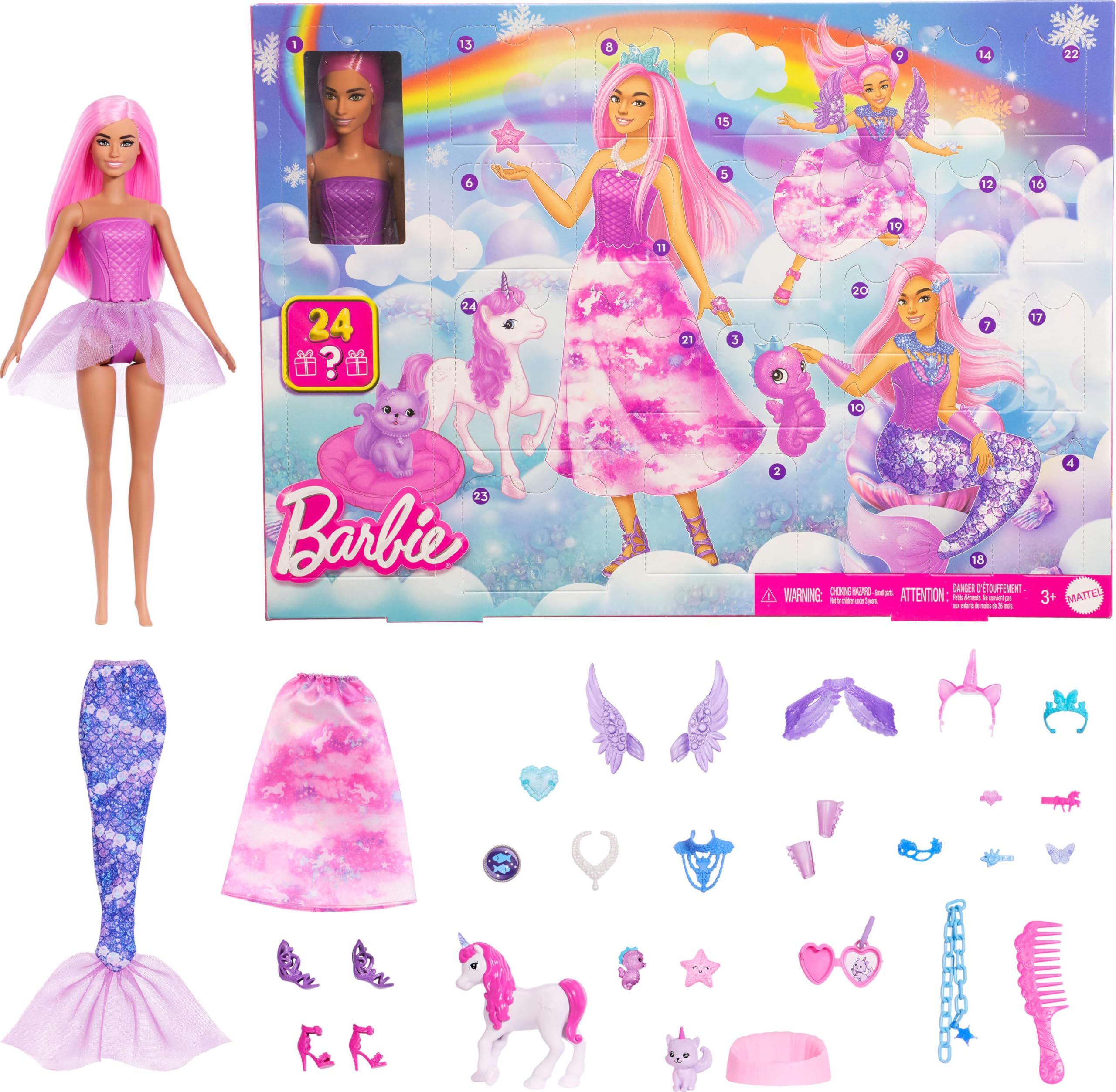

Barbie Advent Calendar doll 24 surprise toy accessories including a unicorn transform fashion doll into a fairy and & & pet, mermaid, more.
