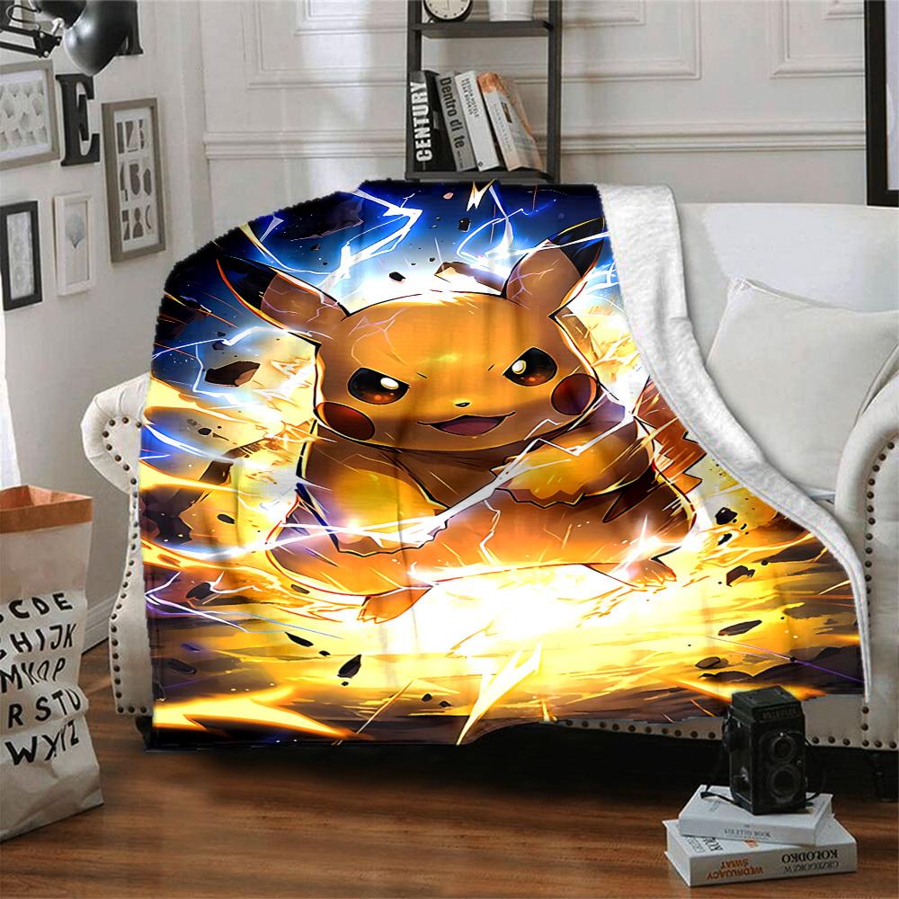 1pc Pikachu Electric Flannel Throw Blanket HD Printed Lightweight Soft Warm All Season Blanket for Sofa, Bed, Travel, Camping Machine Washable