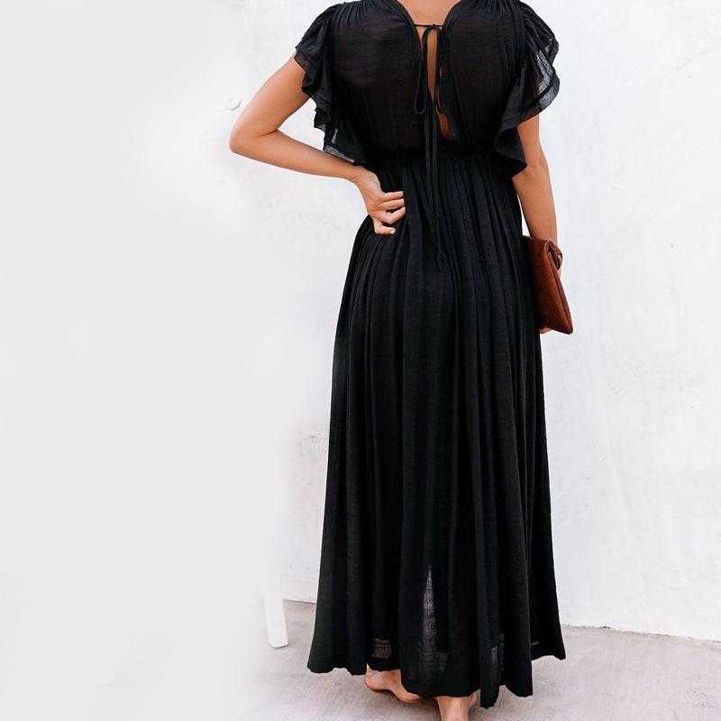 Copricostume lunghi estivi per donna, kimono con scollo a V, abiti da spiaggia, con lacci, anti-sole, gonna sarong bohémien