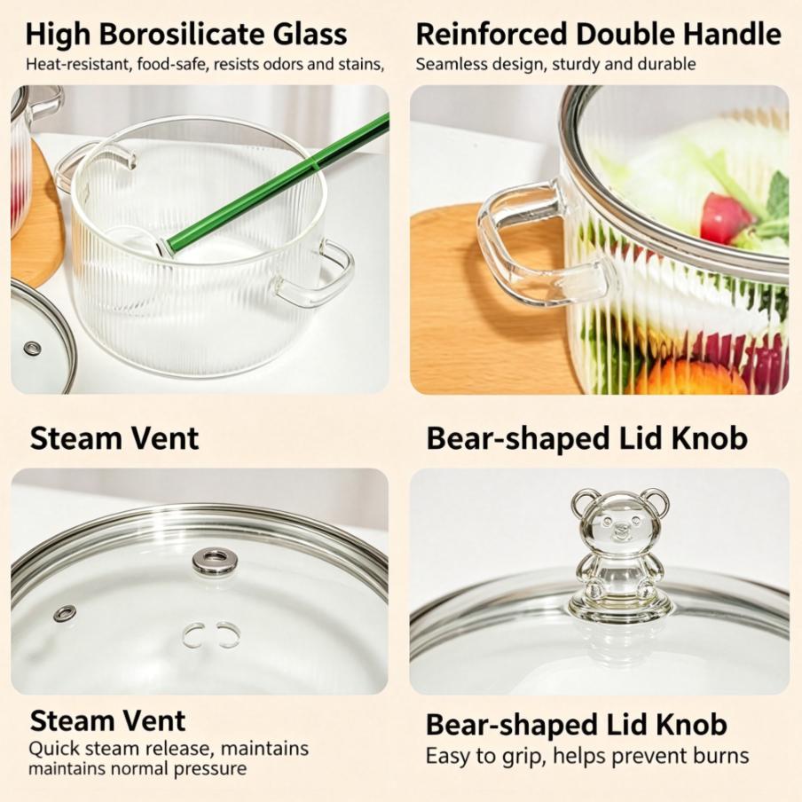1.6L High Borosilicate Glass Pot, Clear Vertical Striped Cooking Pot, Double Handle Stovetop Pot for Soup Noodle Stew, Microwave & Cooker Safe