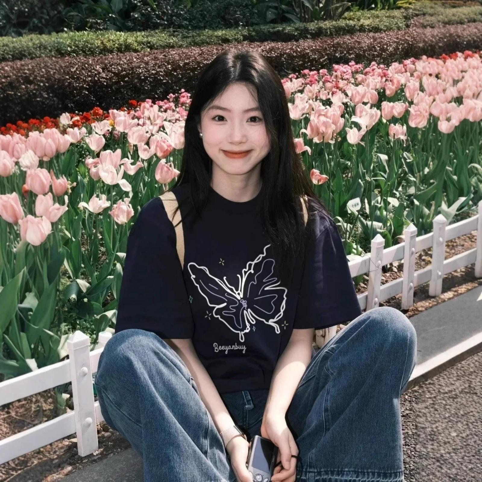 Black Butterfly Short Sleeve Women s T-shirt Cotton Loose Fit Half Sleeve Summer New Style Korean Chic Trendy Top S