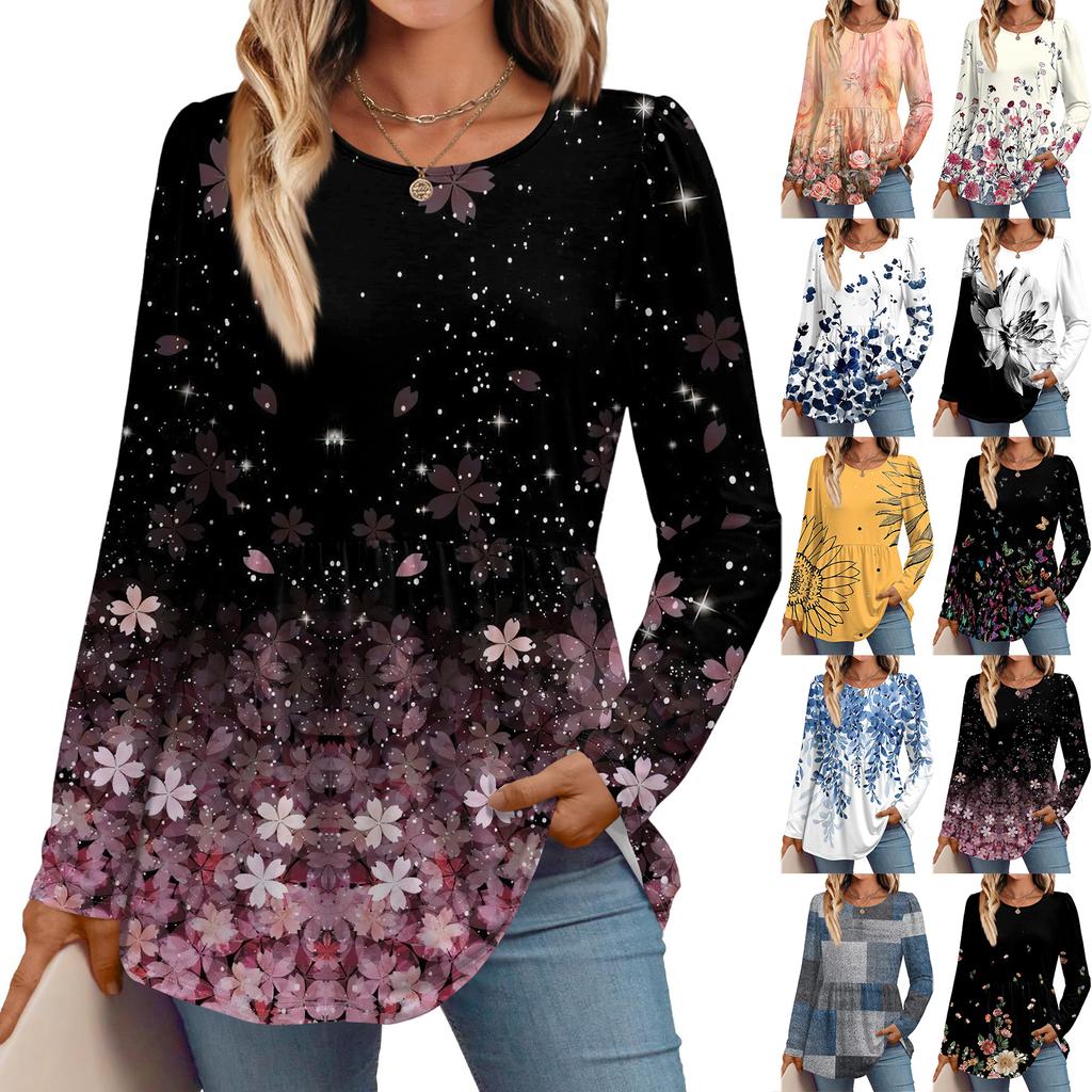 Women's Casual Fashion Long Sleeve Shirt Floral Printed Tunic Top