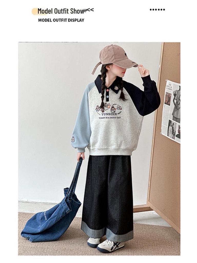 Mädchen 2025 Herbst Polokragen Raglanärmel Sweatshirt - Stilvolles Herbstoberteil für mittlere und große Kinder