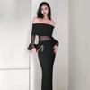 Goddess Temperament Sexy off-the-Shoulder Skinny Sheath Fishtail Dress Sexy Mesh Midriff Outfit Long Sleeves Dress Female Autumn