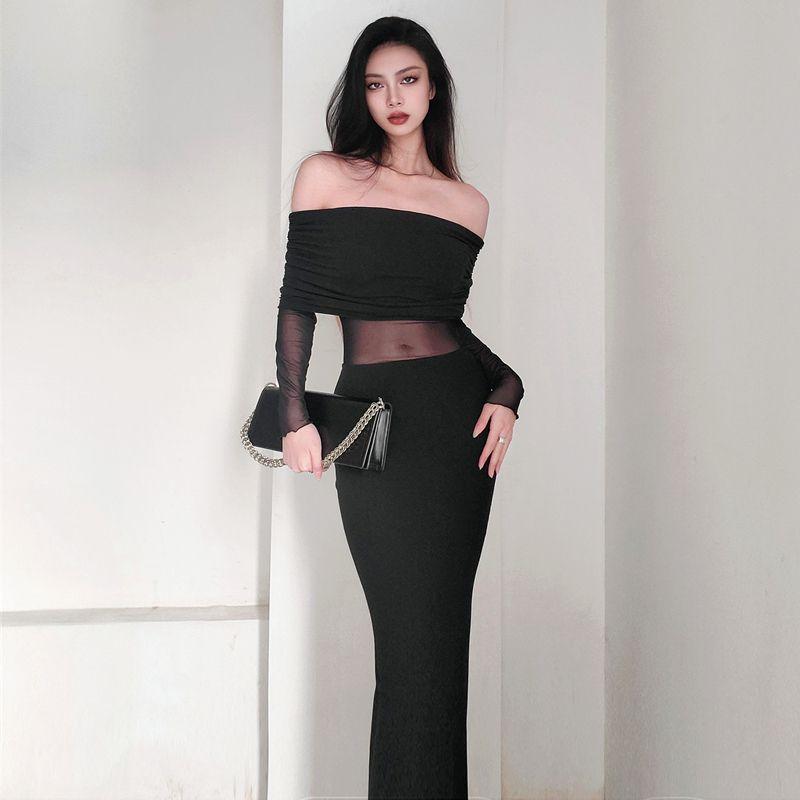 Goddess Temperament Sexy off-the-Shoulder Skinny Sheath Fishtail Dress Sexy Mesh Midriff Outfit Long Sleeves Dress Female Autumn