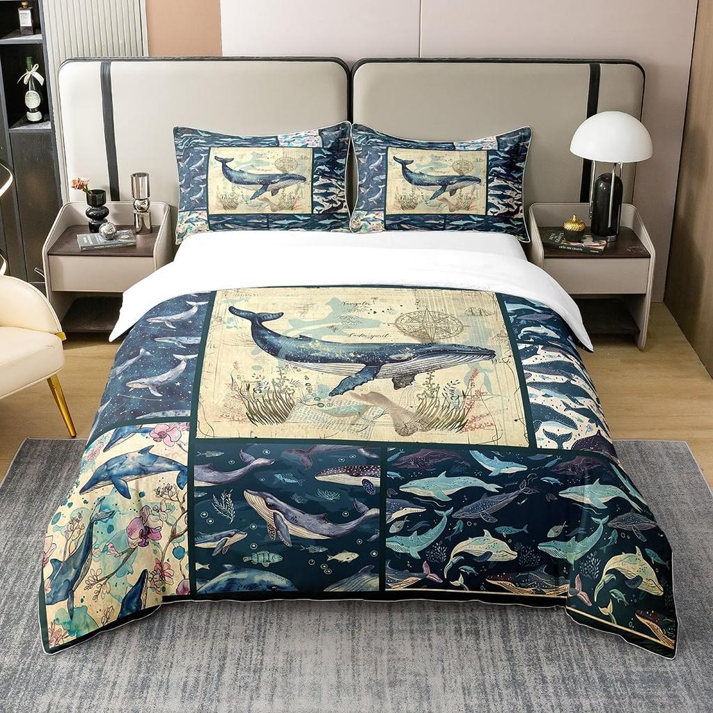 Comforter Sea Whale Bedding Set Queen Sizenautical Anchor Ship Rudder Plaid For Children Adultnavy Blue Ocean Geometric