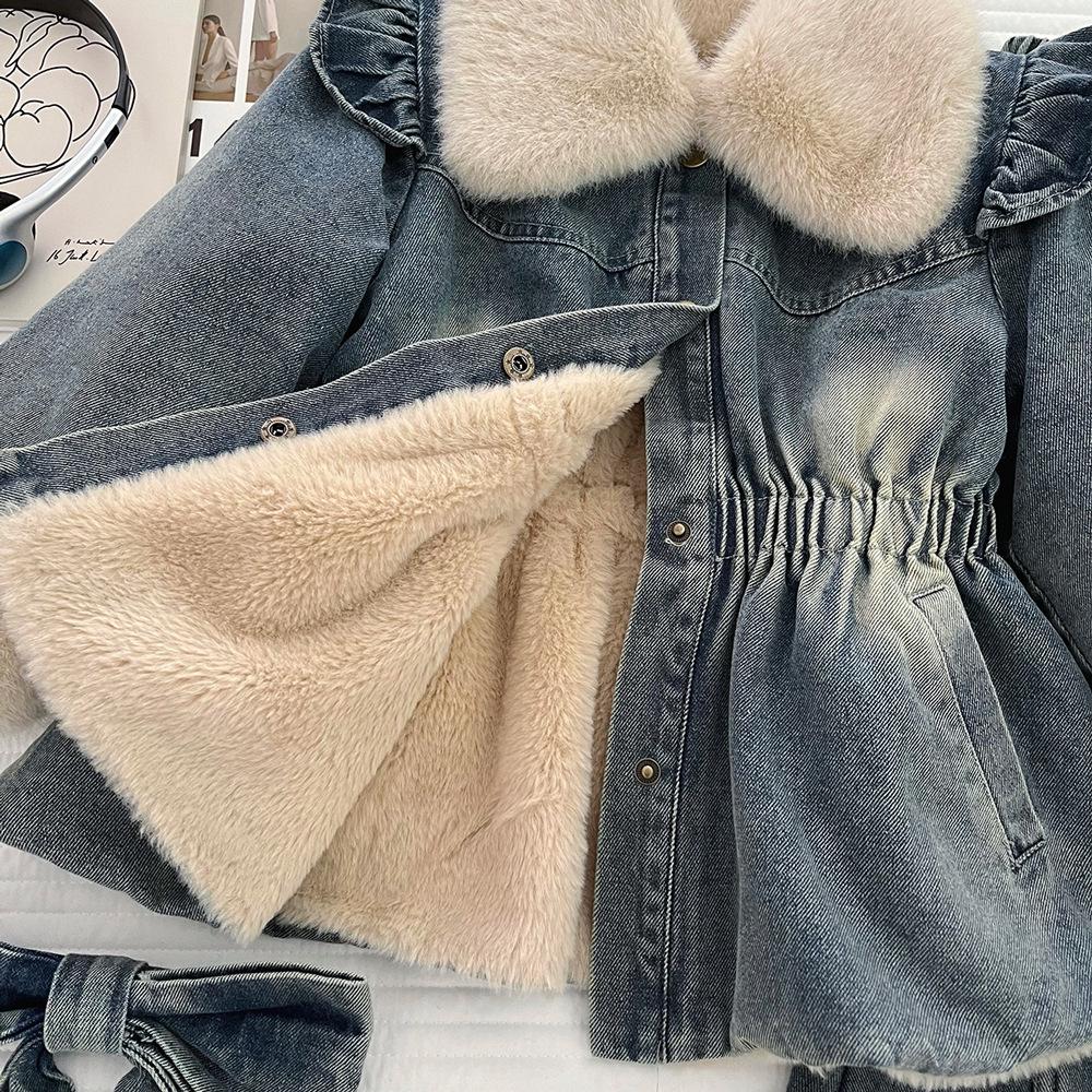 Mädchen Jeansjacke mit Samtkragen & Schlagjeans mit Perlen Winter Set