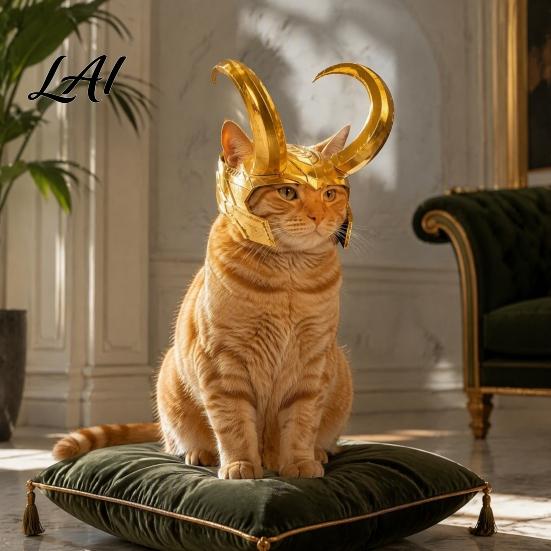 Funny Cat Helmet Horn Crown Helmet Golden Headpiece with Ear Holes Pet Costume Accessories Cosplay for Halloween Theme Parties Photo Props Hat Cats