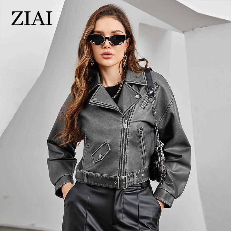 ziai Ny vår Høst Kvinner Kort kunstskinnjakke Uformell PU-frakk Løs motorsykkeljakker Mote Streetwear Oversized koreansk kåpe ZP-23102