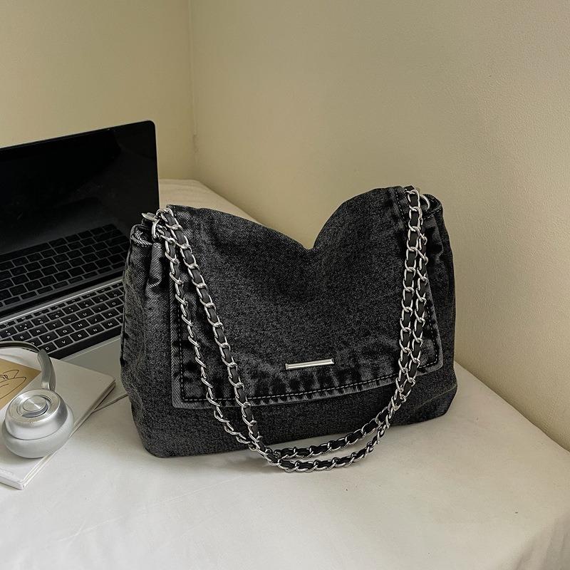 New chain large capacity denim tote bag casual college student shopping bag commuter shoulder messenger bag