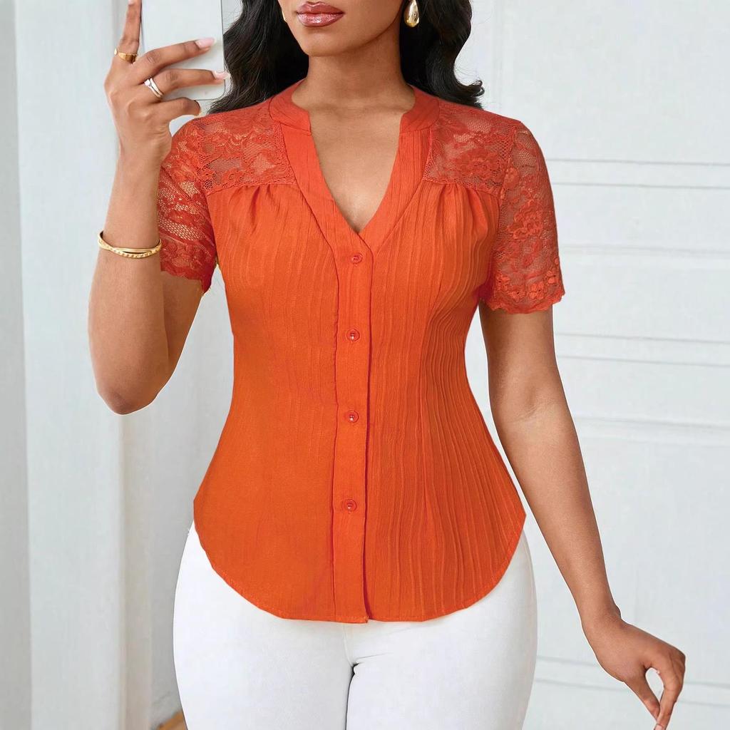 Women's Summer V-neck Embroidered Hollow Short-sleeve Shirt