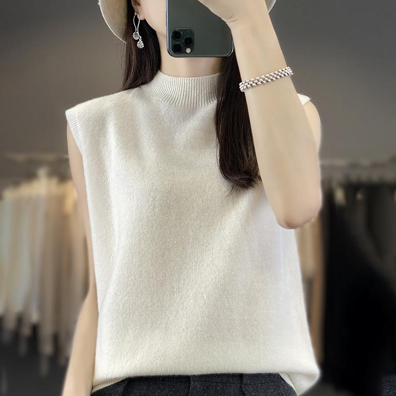 Women Tank 100% Wool Sleeveless MODERN NEW SAGA Spring Autumn T-shirt Turtleneck Knit Wool Top Soft Basic Vest Female