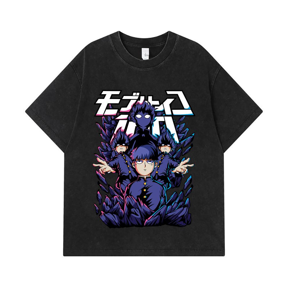 275 GSM Washed T-shirts 100% Cotton Mob Psycho 100 V1 Shiego Print Unisex Heavy Cotton T Shirt