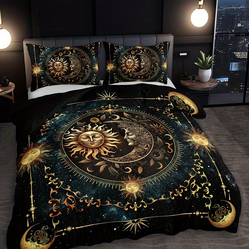 Celestial Print Duvet Cover Set Sun And Moon Breathable Fabric All-Season Comfort Golden Astrological Design Bedding Set