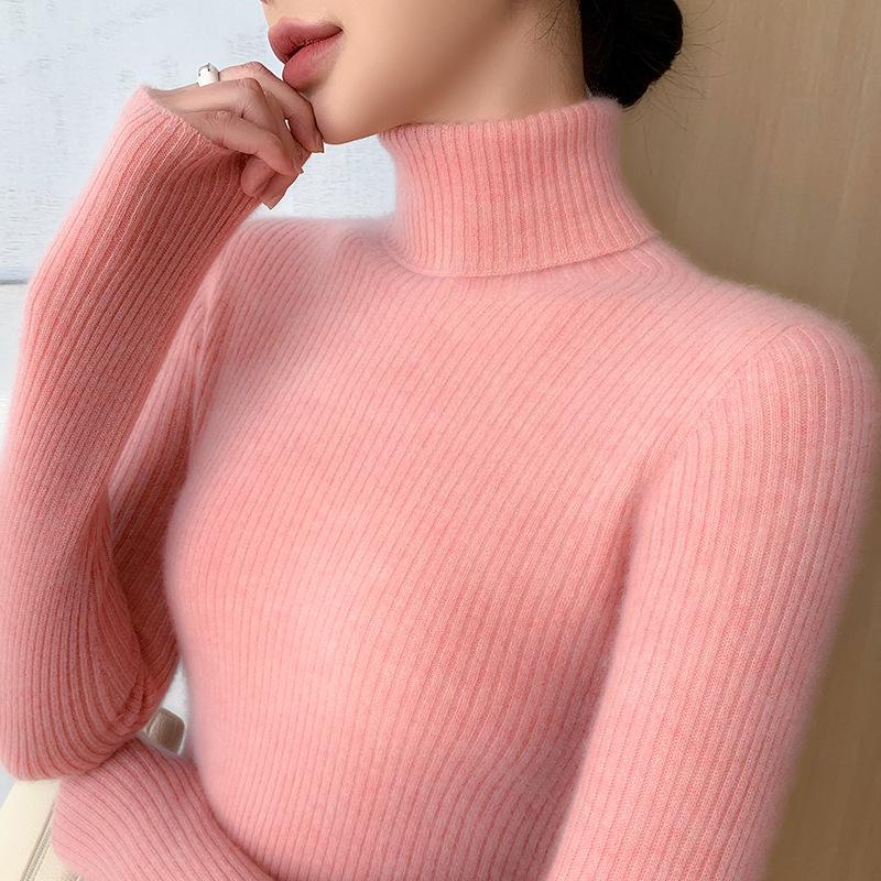 Women's Cashmere Ribbed High Neck Sweater - Seamless, Slimming, Versatile Knitwear for Autumn/Winter