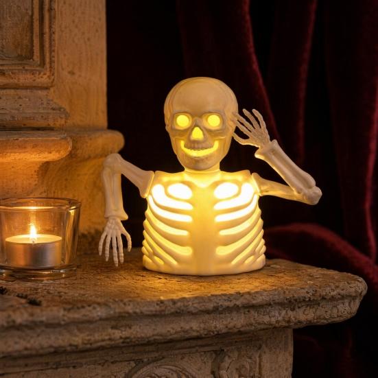 Halloween Pumpkin Skull Night Light, LED Spooky Decor for Haunted House, Glowing Ghost Ornament for Table Centerpiece