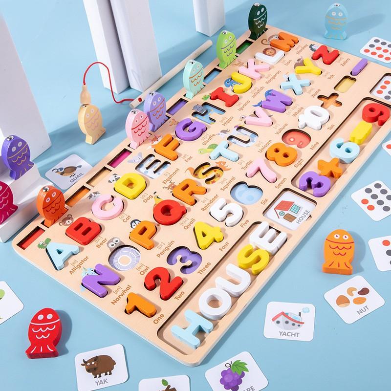 Wooden Cartoon Ocean Fishing Cartoon Number Letter Traffic Shape Matching Logarithm Board Cognitive Toy for Kids