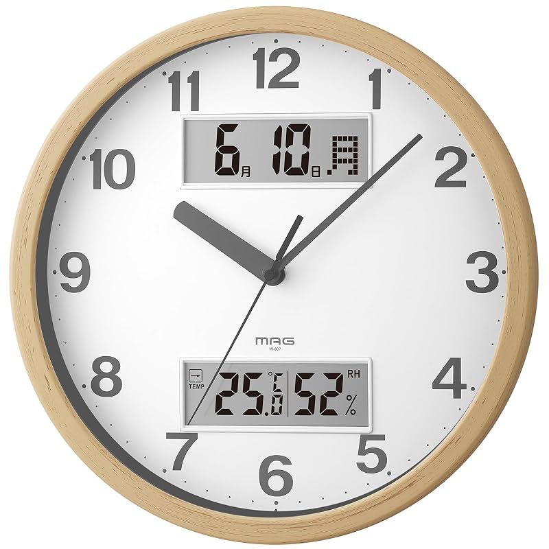 MAG Wall Clock, Analog, Stylish, Interior Decor, Thermometer, Hygrometer, Calendar, Silent, Continuous Second Hand, 29.0cm Diameter, Wood Grain