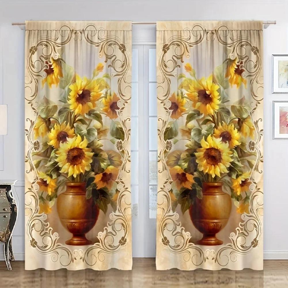 2 Pieces Sunflower Vase Luxury Gold Flower Western Classical Vase Window Treatment Curtains For Living Room Bedroom Home Decor