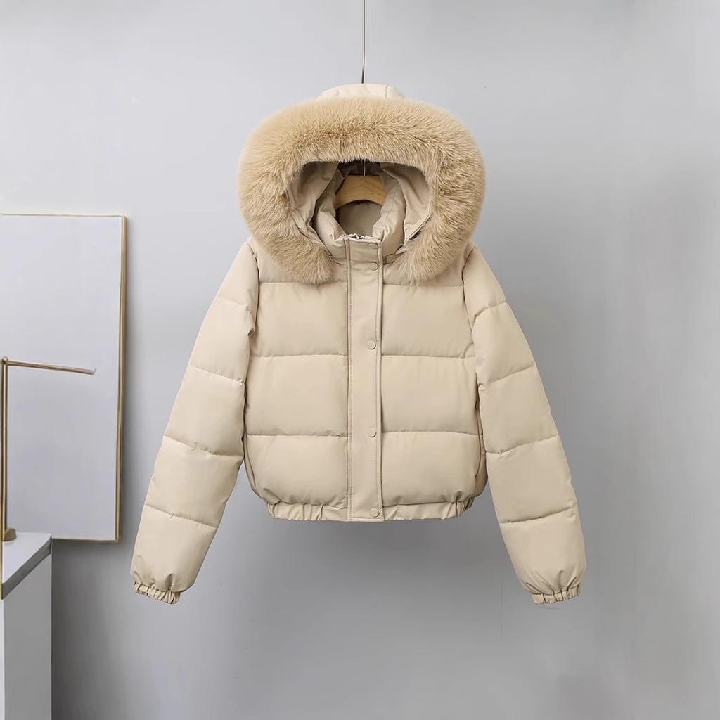Winter Kurze Parkas Damen Baumwollgepolsterte Kleidung Samt hinzufügen Verdicken Oberbekleidung Pelzkragen Abnehmbare Kapuze Mäntel Warme Jacken