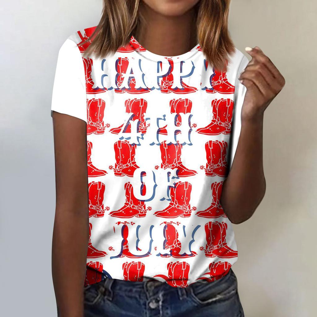 Women's Fashion Casual Independence Day Printed Round Neck Short Sleeve T-Shirt Top